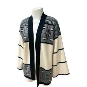 Vintage 1970s Geometric Stripe Knit Cardigan Open Sweater / Women’s Medium –